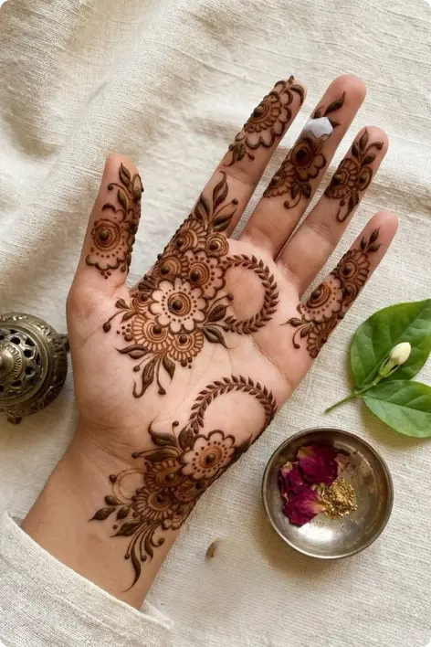  A hand with elaborate henna art presents a blooming flower, highlighting the fusion of cultural expression and floral elegance.</p>
<p>