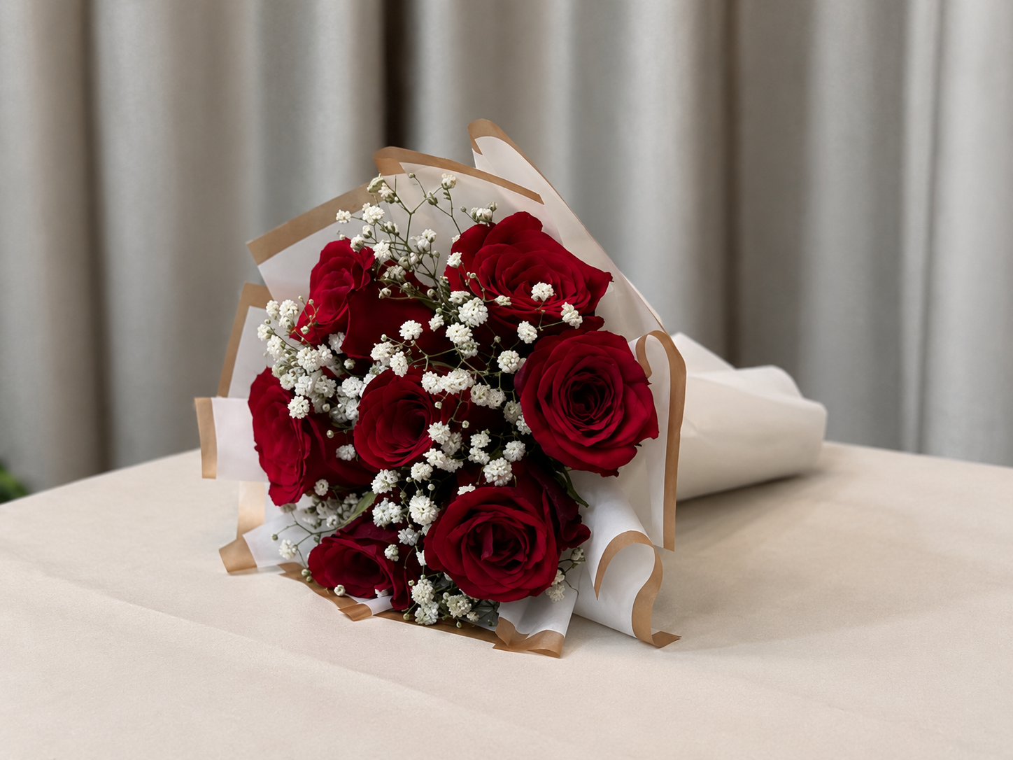Elegant Red Rose Bouquet on Soft Linen red rose bouquet avaliable , hampers in kunnamkulam